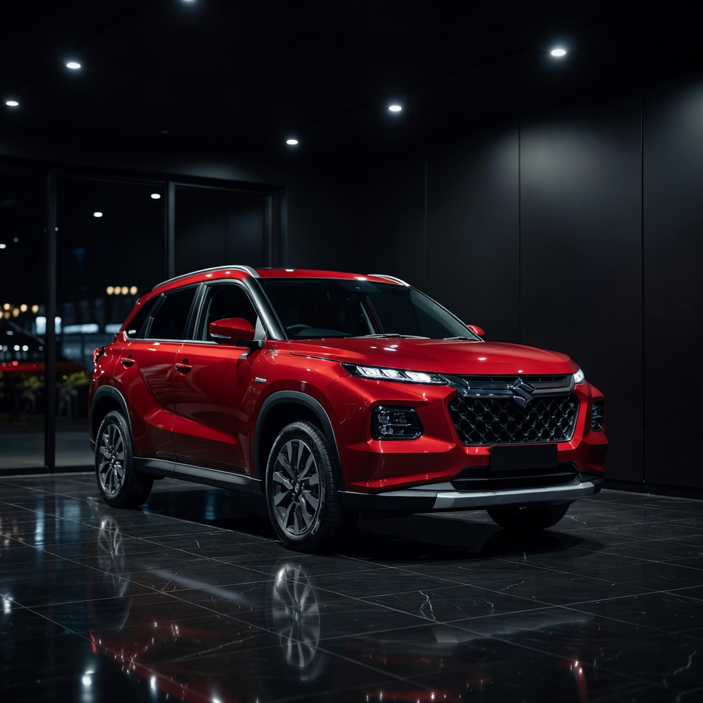 Metallic red Suzuki SUV in a dark showroom