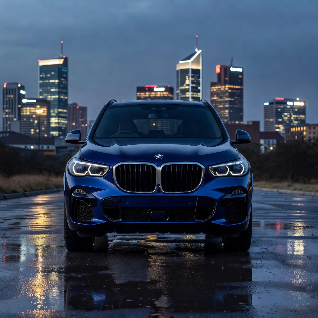 Blue BMW SUV at dusk against a Johannesburg skyline