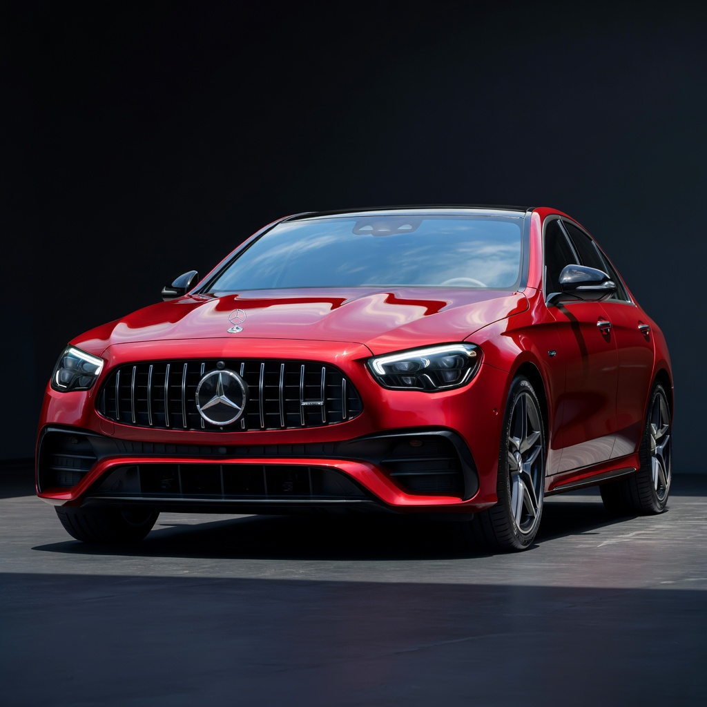 Red Mercedes-AMG sedan in a dark studio