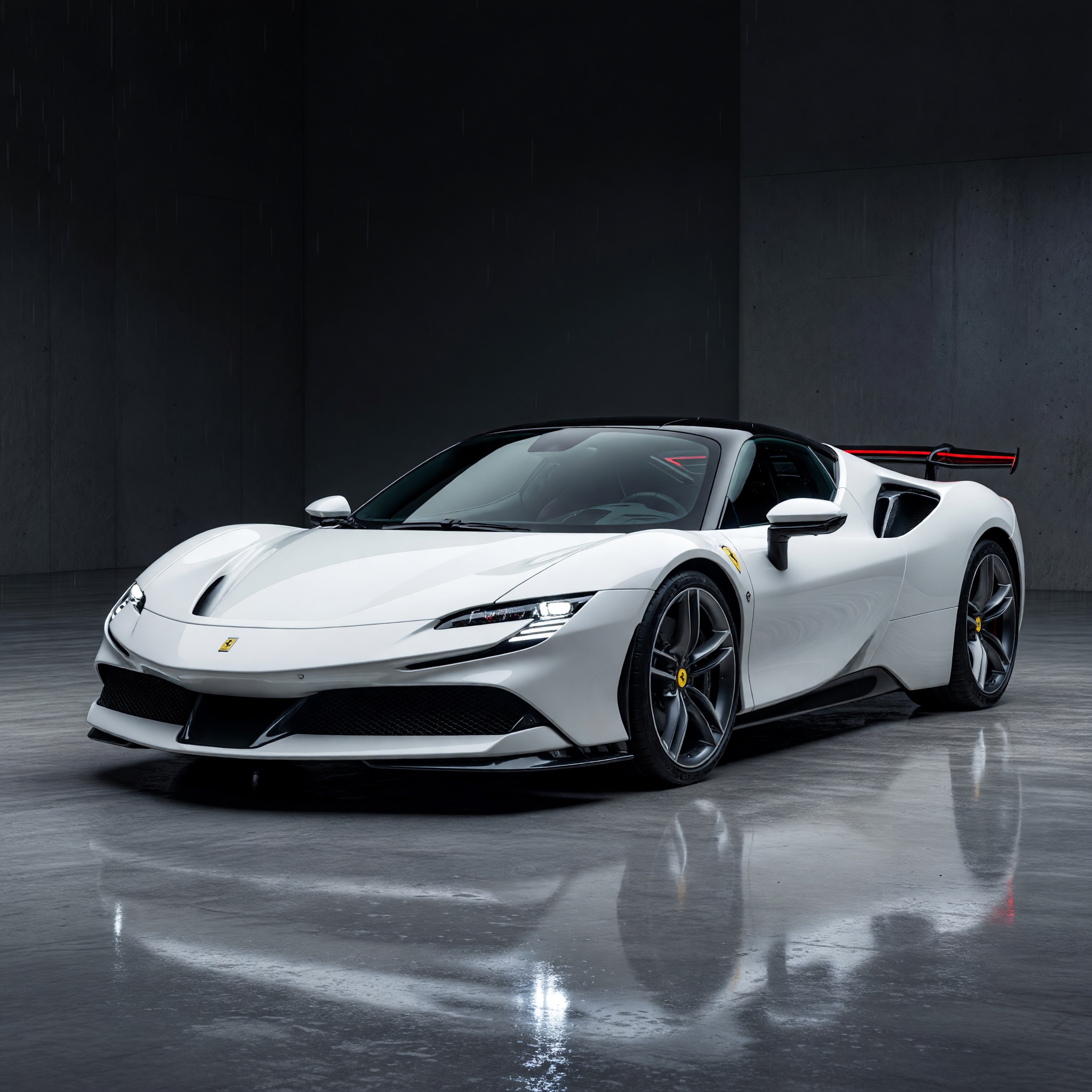 White Ferrari SF90 Stradale in a dark studio with floor reflection