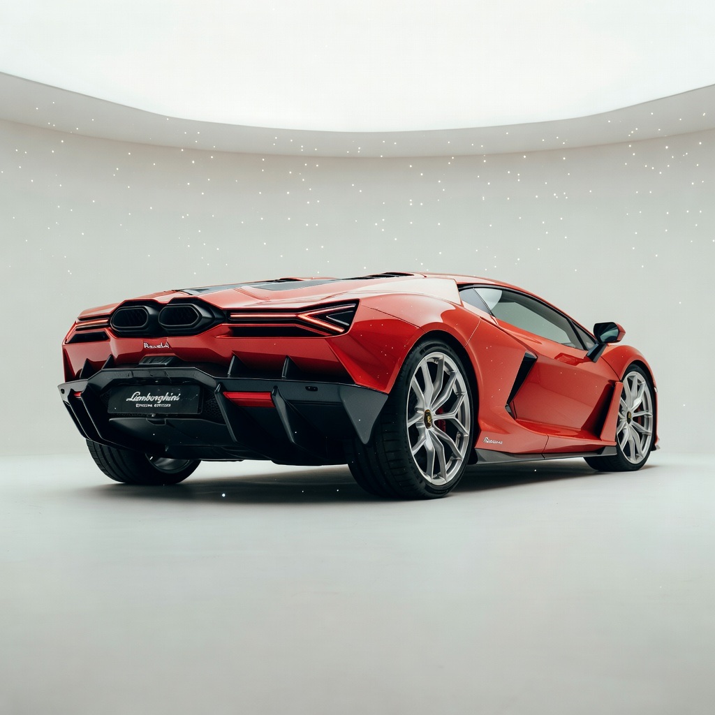 Red Lamborghini Revuelto rear in a white studio