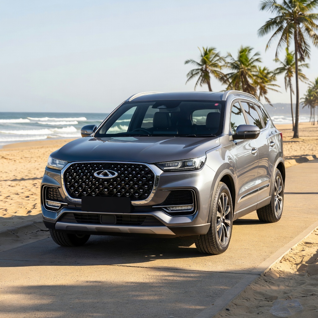 Silver Chery Tiggo on a beach promenade with palms